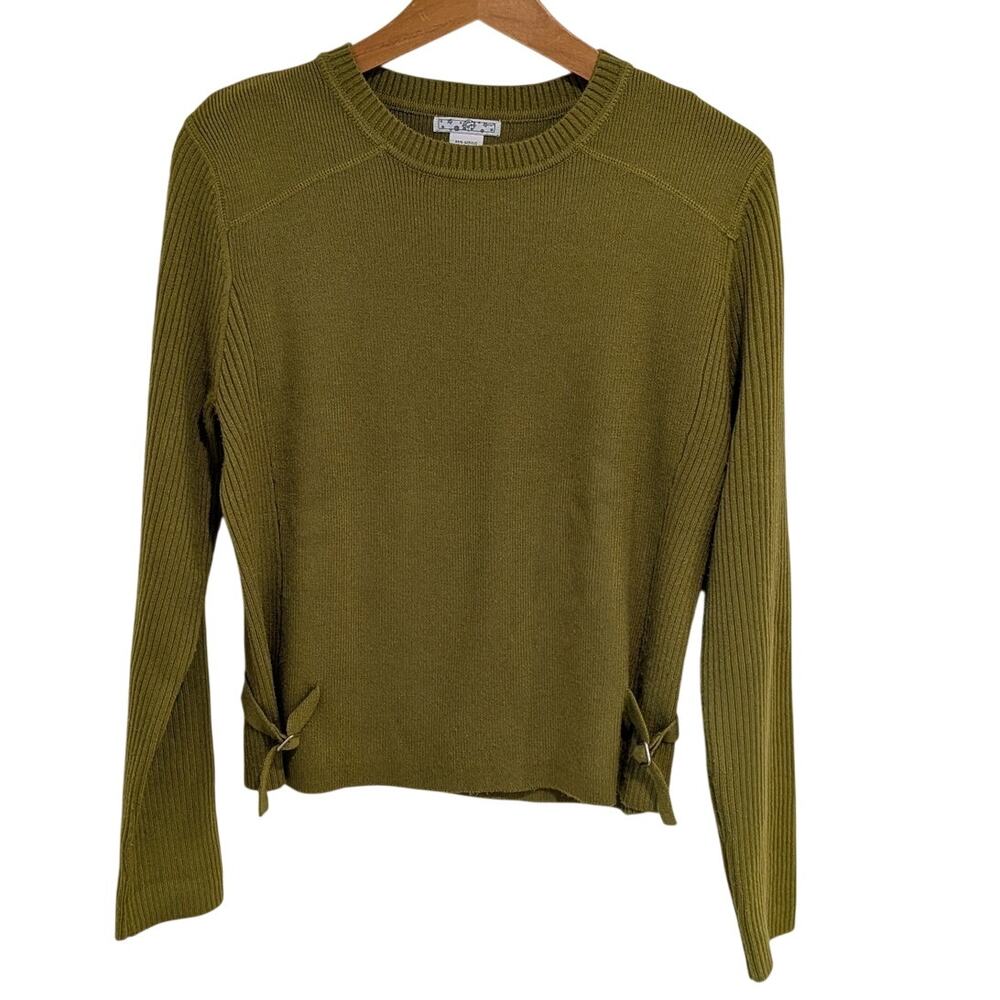 Women's Green Ribbed Knit Crewneck Sweater (L) Fall Elevated Basic Sophisticated